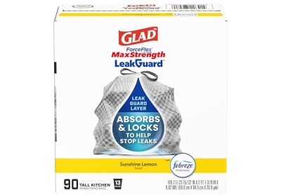 Image: Glad ForceFlex MaxStrength LeakGuard 13 Gallon Sunshine Lemon Scent Tall Kitchen Drawstring Gray Trash Bags (90 Count)
