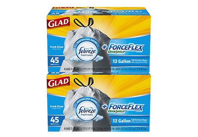 Image: Glad ForceFlex OdorShield 13 Gallon Fresh Clean Scent Tall Kitchen Drawstring Gray Trash Bags (45 x 2 Pack)