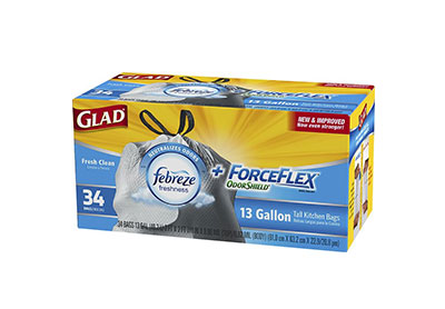 Image: Glad ForceFlex OdorShield 13 Gallon Fresh Clean Scent Tall Kitchen Drawstring White Trash Bags (34 Count)