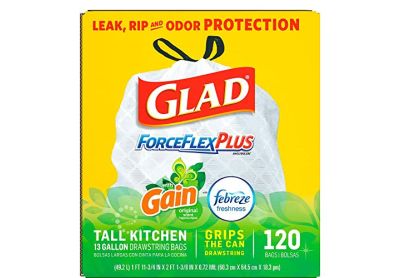 Image: Glad ForceFlex Plus 13 Gallon Gain Original Scent Tall Kitchen Grips-The-Can Drawstring White Trash Bags (120 Count)