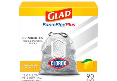 Image: Glad ForceFlex Plus 13 Gallon Lemon Fresh Bleach Scent Tall Kitchen Drawstring White-Gray Trash Bags (90 Count)