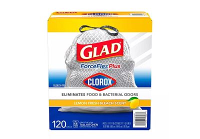 Image: Glad ForceFlex Plus 13 Gallon Lemon Fresh Bleach Scent Tall Kitchen Grips-The-Can Drawstring White-Gray Trash Bags (120 Count)