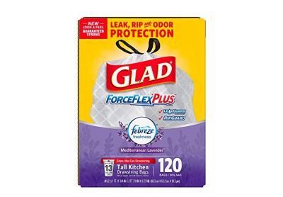 Image: Glad ForceFlex Plus 13 Gallon Mediterranean Lavender Scent Tall Kitchen Grips-The-Can Drawstring White-Gray Trash Bags (120 Count)
