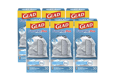 Image: Glad ForceFlex Plus 20 Gallon Fresh Clean Scent X-Large Kitchen Drawstring White-Gray Trash Bags (30 x 6 Pack)