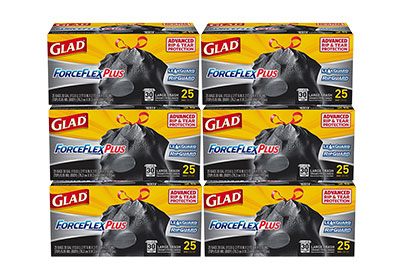 Image: Glad ForceFlex Plus 30 Gallon Scent Free Drawstring Large Black Trash Bags (25 x 6 Pack)