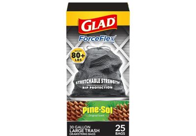 Image: Glad ForceFlex Stretchable Strength 30 Gallon Pine-Sol Original Scent Drawstring Large Black Trash Bags (25 Count)