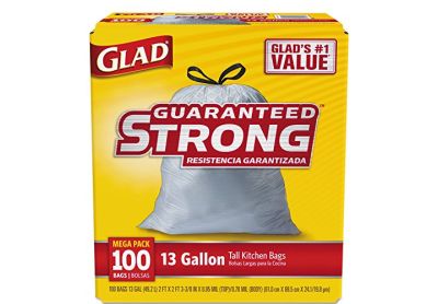 Image: Glad Guaranteed Strong 13 Gallon Scent Free Tall Kitchen Drawstring White Trash Bags (100 Count)