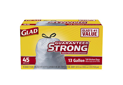 Image: Glad Guaranteed Strong 13 Gallon Scent Free Tall Kitchen Drawstring White Trash Bags (45 Count)