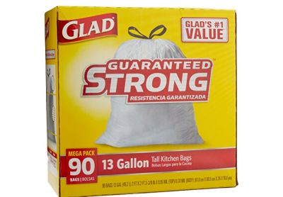 Image: Glad Guaranteed Strong 13 Gallon Scent Free Tall Kitchen Drawstring White Trash Bags (90 Count)