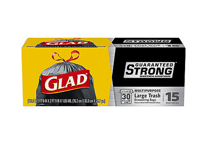 Image: Glad Guaranteed Strong 30 Gallon Scent Free Drawstring Large Black Trash Bags (15 Count)