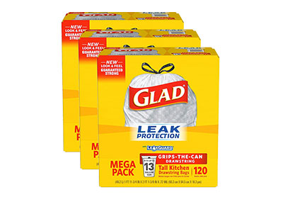 Image: Glad Leak Protection 13 Gallon Fresh Scent Tall Kitchen Grips-The-Can Drawstring White Trash Bags (120 x 3 Pack)