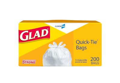 Image: Glad Quick-Tie 13 Gallon Scent Free Tall Kitchen White Trash Bags (200 Count)
