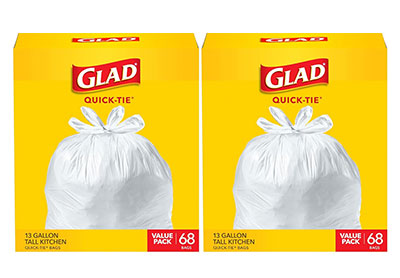 Image: Glad Quick-Tie 13 Gallon Scent Free Tall Kitchen White Trash Bags (68 x 2 Pack)