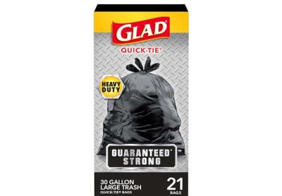 Image: Glad Quick-Tie Heavy Duty Guaranteed Strong 30 Gallon Scent Free Drawstring Large Black Trash Bags (21 Count)