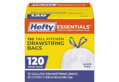 Image: Hefty Essentials 13 Gallon Unscented Tall Kitchen Drawstring White Trash Bags (120 Count)
