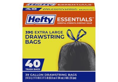 Image: Hefty Essentials 39 Gallon Scent Free Drawstring Extra Large Black Trash Bags (40 Count)