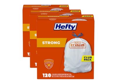 Image: Hefty Strong 13 Gallon Unscented Tall Kitchen Drawstring White Trash Bags (120 x 3 Pack)