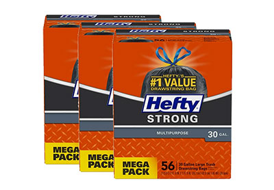 Image: Hefty Strong 30 Gallon Scent Free Drawstring Large Black Trash Bags (56 x 3 Pack)