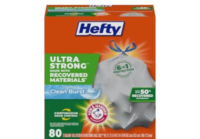 Image: Hefty Ultra Strong 13 Gallon Clean Burst Scent Tall Kitchen Drawstring Gray Trash Bags (80 Count)