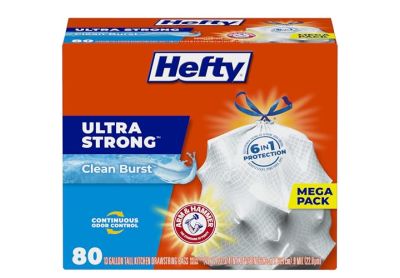 Image: Hefty Ultra Strong 13 Gallon Clean Burst Scent Tall Kitchen Drawstring White Trash Bags (80 Count)
