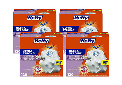 Image: Hefty Ultra Strong 13 Gallon Lavender & Sweet Vanilla Scent Tall Kitchen Drawstring White Trash Bags (120 x 4 Pack)