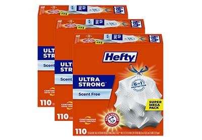 Image: Hefty Ultra Strong 13 Gallon Scent Free Tall Kitchen Drawstring White Trash Bags (110 x 3 Pack)