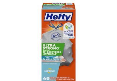Image: Hefty Ultra Strong 13 Gallon Seaside Breeze Scent Tall Kitchen Drawstring Gray Trash Bags (40 Count)