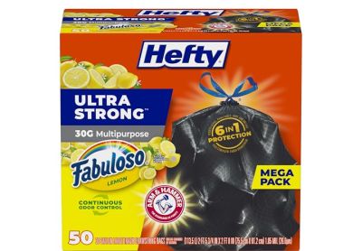 Image: Hefty Ultra Strong 30 Gallon Fabuloso Lemon Scent Drawstring Large Black Trash Bags (50 Count)