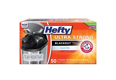 Image: Hefty Ultra Strong Blackout 13 Gallon Scent Free Tall Kitchen Drawstring Black Trash Bags (50 Count)