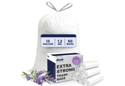 Image: Plasticplace 13 Gallon 1.2 Mil Lavender & Soft Vanilla Scented Tall Kitchen Drawstring White Trash Bags (50 Count)