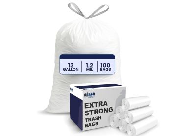 Image: Plasticplace 13 Gallon 1.2 Mil Scent Free Tall Kitchen Drawstring White Trash Bags (100 Count)