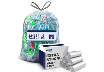 Image: Plasticplace 32-33 Gallon 0.9 Mil Scent Free Recycling Drawstring Clear Trash Bags (100 Count)