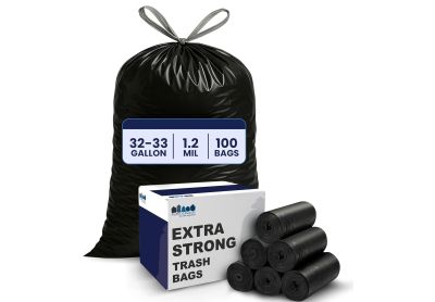 Image: Plasticplace 32-33 Gallon 1.2 Mil Scent Free Heavy Duty Drawstring Black Trash Bags (100 Count)
