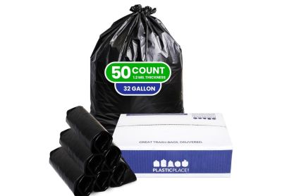 Image: Plasticplace 32-48 Gallon 1.2 Mil Scent Free Heavy Duty Black Trash Bags (50 Count)