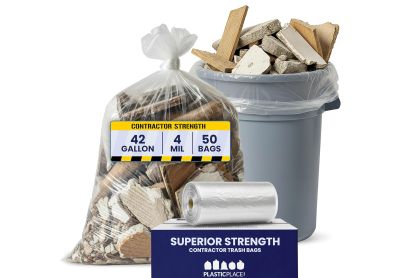 Image: Plasticplace 42 Gallon 4.0 Mil Scent Free Heavy Duty Clear Trash Bags (50 Count)