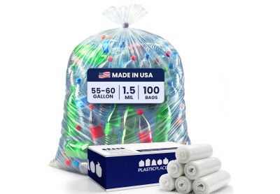 Image: Plasticplace 55-60 Gallon 1.5 Mil Scent Free Heavy Duty Clear Trash Bags (100 Count)