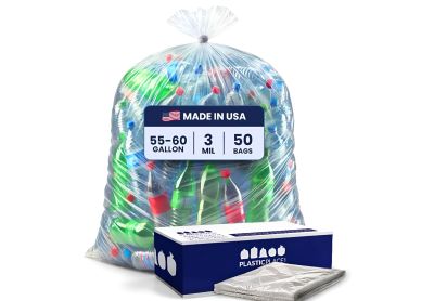 Image: Plasticplace 55-60 Gallon 3.0 Mil Scent Free Heavy Duty Clear Trash Bags (50 Count)