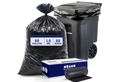 Image: Plasticplace 64-65 Gallon 1.5 Mil Scent Free Heavy Duty Black Trash Bags (50 Count)