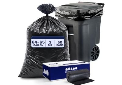 Image: Plasticplace 64-65 Gallon 2.0 Mil Scent Free Heavy Duty Black Trash Bags (50 Count)