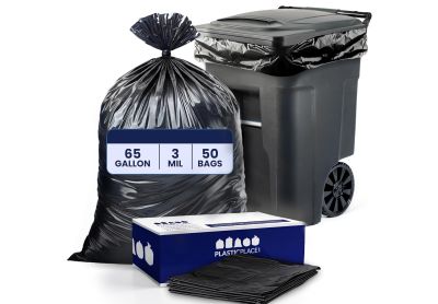 Image: Plasticplace 64-65 Gallon 3.0 Mil Scent Free Heavy Duty Black Trash Bags (50 Count)