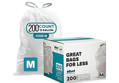 Image: Plasticplace Code M 45L 1.2 Mil Scent Free Custom Fit Liners Drawstring White Trash Bags (200 Count)
