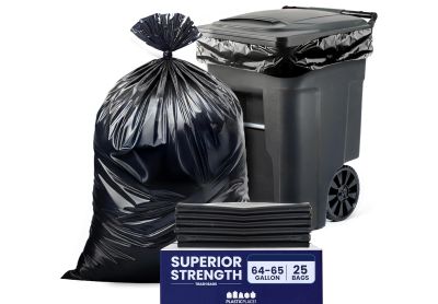 Image: Plasticplace Superior Strength 64-65 Gallon 3.0 Mil Scent Free Heavy Duty Black Trash Bags (25 Count)