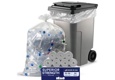 Image: Plasticplace Superior Strength 95-96 Gallon 1.5 Mil Scent Free Heavy Duty Clear Trash Bags (50 Count)
