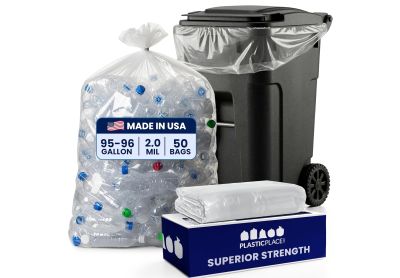 Image: Plasticplace Superior Strength 95-96 Gallon 2.0 Mil Scent Free Heavy Duty Clear Trash Bags (50 Count)