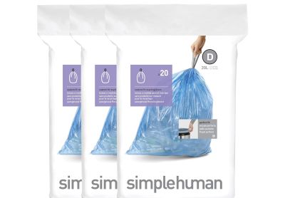 Image: Simplehuman Code D 20L Scent Free Custom Fit Liners Drawstring Blue Trash Bags (20 x 3 Pack)