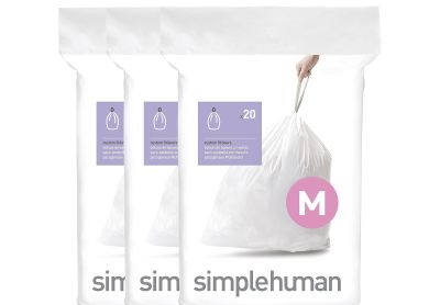 Image: Simplehuman Code M 45L Scent Free Custom Fit Liners Drawstring White Trash Bags (20 x 3 Pack)