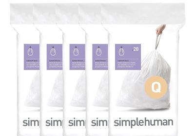 Image: Simplehuman Code Q 50-65L Fresh Scent Custom Fit Liners Drawstring White Trash Bags (20 x 5 Pack)